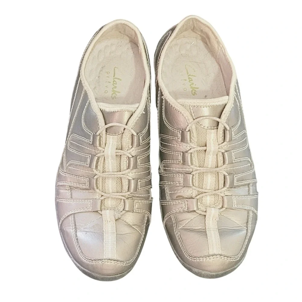 Clarks Privo IVO Silver Metallic Leather Comfort Lace Up Casual‎ Sneakers 7 Walk
